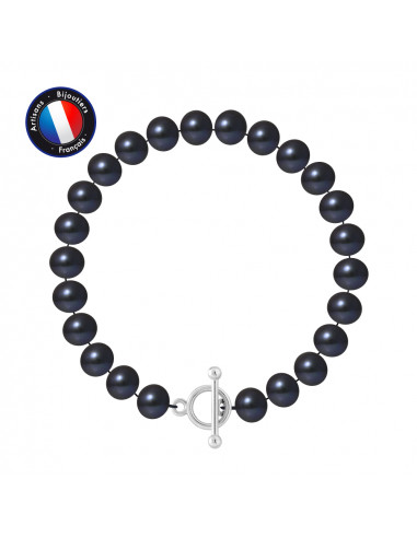 PERLINEA- Bracelet- Perles de Culture d'Eau Douce- Semi Ronde 8-9 mm Black Tahiti- Bijou Femme- Argent 925 MilliÃÂÃÂ¨mes