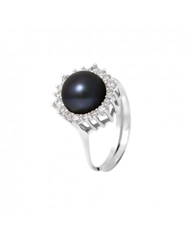 PERLINEA- Bague- Perles de Culture d'Eau douce- Bouton Diamètre 8-9 mm Black Tahiti- Taille R‚glable- Bijou Femme- Argent 925 