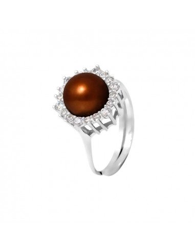 PERLINEA- Bague- Perles de Culture d'Eau douce- Bouton Diamètre 8-9 mm Chocolat- Taille R‚glable- Bijou Femme- Argent 925 Mill