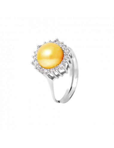 PERLINEA- Bague- Perles de Culture d'Eau douce- Bouton Diamètre 8-9 mm Gold- Taille R‚glable- Bijou Femme- Argent 925 Millième