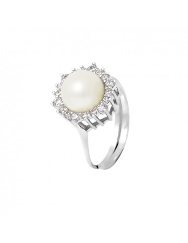 PERLINEA- Bague- Perles de Culture d'Eau douce- Bouton Diamètre 8-9 mm Blanc- Taille R‚glable- Bijou Femme- Argent 925 Millièm