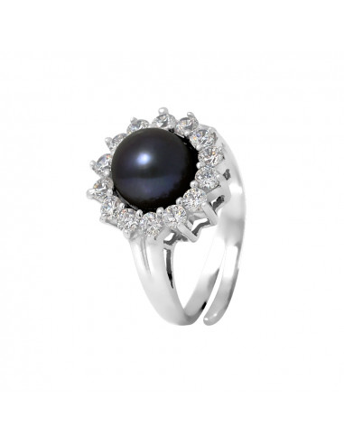 PERLINEA- Bague- Perles de Culture d'Eau douce- Bouton Diamètre 9-10 mm Black Tahiti- Taille R‚glable- Bijou Femme- Argent 925