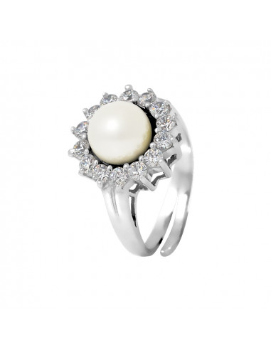 PERLINEA- Bague- Perles de Culture d'Eau douce- Bouton Diamètre 9-10 mm Blanc- Taille R‚glable- Bijou Femme- Argent 925 Milliè