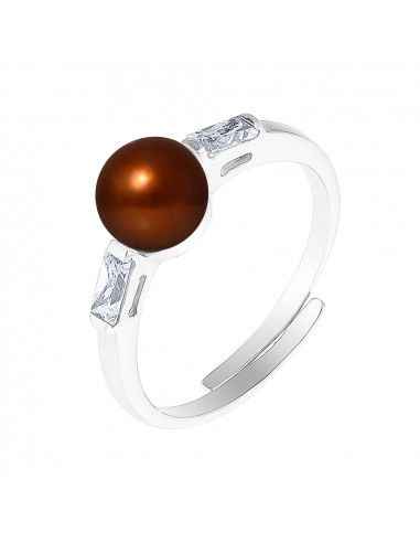 PERLINEA- Bague- Perles de Culture d'Eau douce- Bouton Diamètre 6-7 mm Chocolat- Taille R‚glable- Bijou Femme- Argent 925 Mill