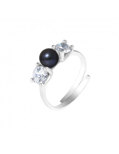 PERLINEA- Bague- Perles de Culture d'Eau douce- Bouton Diamètre 5-6 mm Black Tahiti- Taille R‚glable- Bijou Femme- Argent 925 