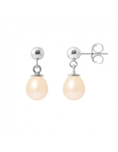 PERLINEA- Boucles d'Oreilles- Perles de Culture d'Eau Douce Poire 6-7  mm Rose- Bijou Femme