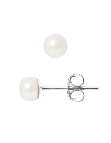 PERLINEA- Boucles d'Oreilles- Perles de Culture d'Eau Douce Bouton 5-6 mm Blanc- Bijou Femme