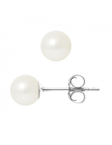 PERLINEA- Boucles d'Oreilles- Perles de Culture d'Eau Douce Ronde 6-7  mm Blanc- Bijou Femme