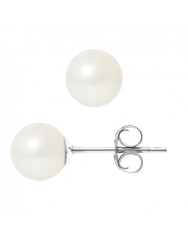 PERLINEA- Boucles d'Oreilles- Perles de Culture d'Eau Douce Ronde 7-8 mm Blanc- Bijou Femme