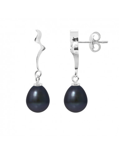 PERLINEA- Boucles d'Oreilles- Perles de Culture d'Eau Douce Bouton 8-9 mm Black Tahiti- Bijou Femme