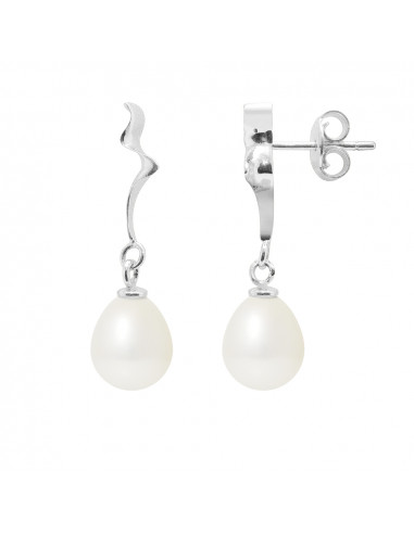 PERLINEA- Boucles d'Oreilles- Perles de Culture d'Eau Douce Bouton 8-9 mm Blanc- Bijou Femme