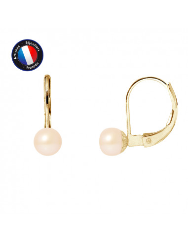 PERLINEA- Boucle d'Oreilles - Perles de Culture d'Eau Douce Bouton 5-6 mm Rose- Bijou Femme- OrJaune