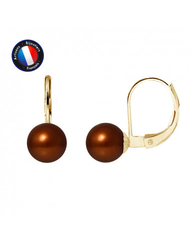 PERLINEA- Boucle d'Oreilles - Perles de Culture d'Eau Douce Ronde 7-8 mm Chocolat- Bijou Femme- OrJaune