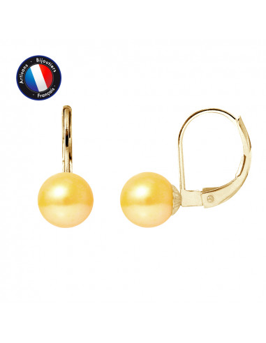 PERLINEA- Boucle d'Oreilles - Perles de Culture d'Eau Douce Ronde 7-8 mm Gold-  Bijou Femme
