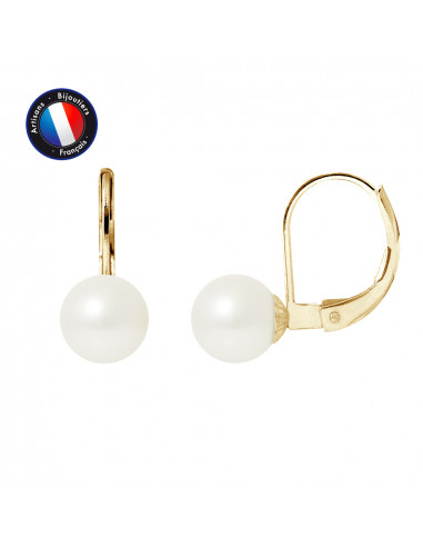 PERLINEA- Boucle d'Oreilles - Perles de Culture d'Eau Douce Ronde 7-8 mm Blanc- Bijou Femme- OrJaune