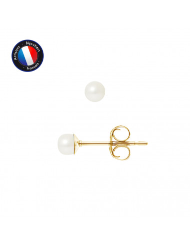 PERLINEA- Boucle d'Oreilles- Perle de Culture d'Eau Douce- Bouton 3-4 mm Blanc- Bijou Femme- OrJaune