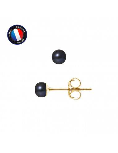 PERLINEA- Boucle d'Oreilles- Perles de Culture d'Eau Douce Bouton 4-5 mm Black Tahiti- Bijou Femme- OrJaune