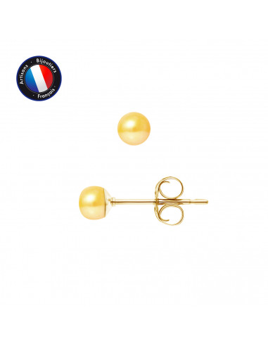 PERLINEA- Boucle d'Oreilles- Perles de Culture d'Eau Douce Bouton 4-5 mm Gold-  Bijou Femme- OrJaune