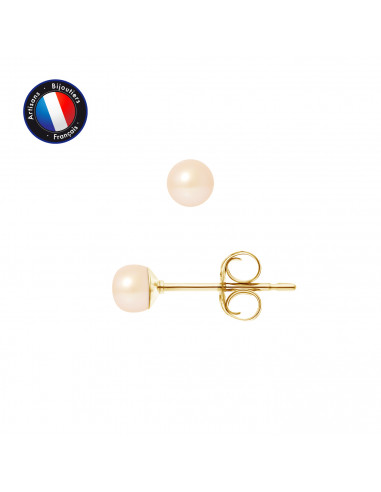 PERLINEA- Boucle d'Oreilles- Perles de Culture d'Eau Douce Bouton 4-5 mm Rose- Bijou Femme- OrJaune