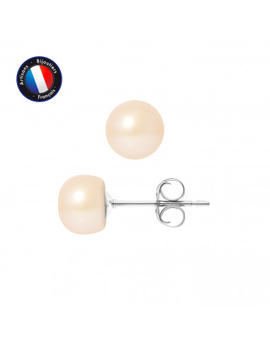 PERLINEA- Boucle d'Oreilles- Perles de Culture d'Eau Douce Bouton 7-8 mm Rose- Bijou Femme- Or Blanc