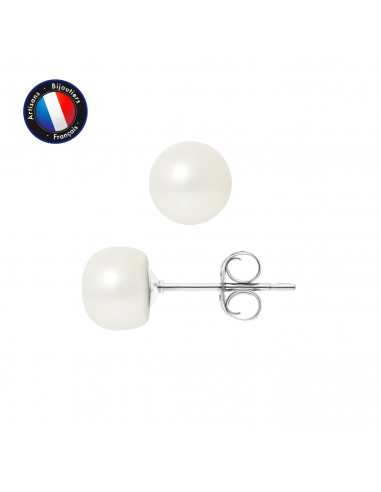 PERLINEA- Boucle d'Oreilles- Perles de Culture d'Eau Douce Bouton 7-8 mm Blanc- Bijou Femme- Or Blanc