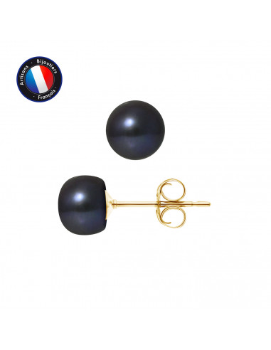 PERLINEA- Boucle d'Oreilles- Perles de Culture d'Eau Douce Bouton 7-8 mm Black Tahiti- Bijou Femme- OrJaune