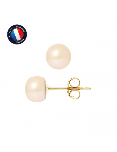 PERLINEA- Boucle d'Oreilles- Perles de Culture d'Eau Douce Bouton 5-6 mm Rose- Bijou Femme- OrJaune