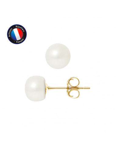 PERLINEA- Boucle d'Oreilles- Perles de Culture d'Eau Douce Bouton 7-8 mm Blanc- Bijou Femme- OrJaune