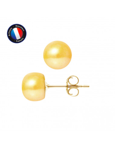 PERLINEA- Boucle d'Oreilles- Perles de Culture d'Eau Douce Bouton 8-9 mm Gold-  Bijou Femme- OrJaune