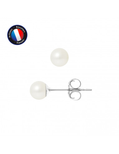 PERLINEA- Boucle d'Oreilles- Perles de Culture d'Eau Douce Ronde 5-6 mm Blanc- Bijou Femme- Or Blanc