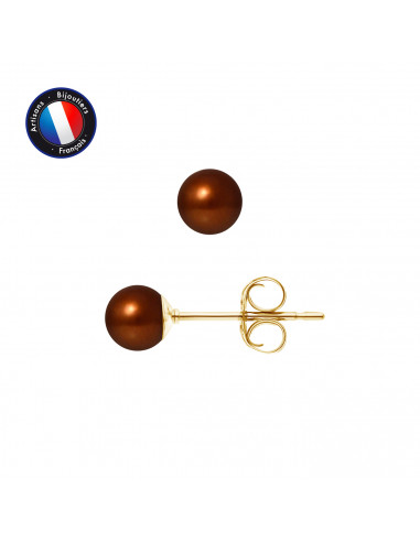 PERLINEA- Boucle d'Oreilles- Perles de Culture d'Eau Douce Ronde 5-6 mm Chocolat- Bijou Femme- OrJaune