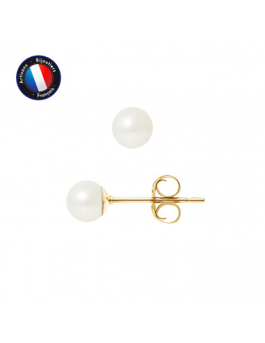 PERLINEA- Boucle d'Oreilles- Perles de Culture d'Eau Douce Ronde 5-6 mm Blanc- Bijou Femme- OrJaune