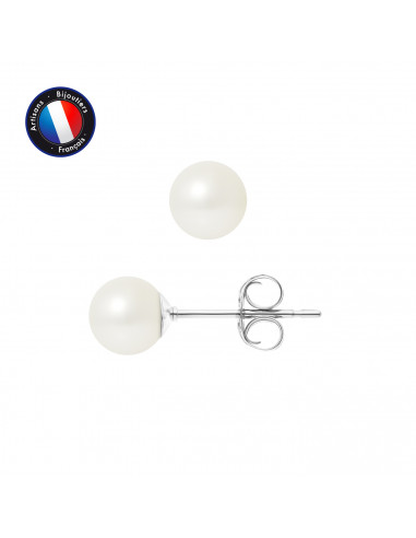 PERLINEA- Boucle d'Oreilles - Perles de Culture d'Eau Douce Ronde 6-7  mm Blanc- Bijou Femme- Or Blanc