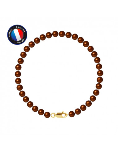 PERLINEA- Bracelet - Perles de Culutre Ronde 5-6 mm Chocolat- Bijou Femme- OrJaune