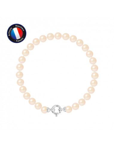 PERLINEA- Bracelet - Perles de Culutre Ronde 6-7  mm Rose- Bijou Femme- Or Blanc