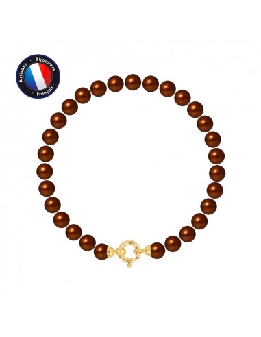 PERLINEA- Bracelet - Perles de Culutre Ronde 6-7  mm Chocolat- Bijou Femme- OrJaune