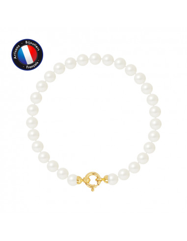 PERLINEA- Bracelet - Perles de Culutre Ronde 6-7  mm Blanc- Bijou Femme- OrJaune