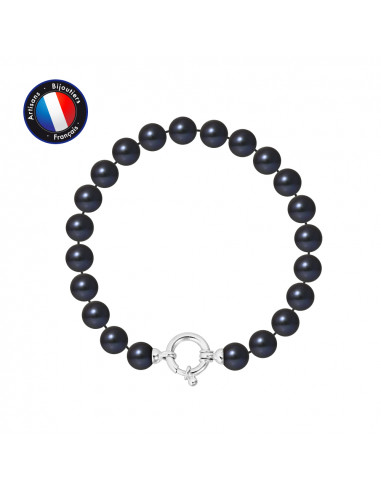 PERLINEA- Bracelet - Perles de Culutre Ronde 7-8 mm Black Tahiti- Bijou Femme- Or Blanc