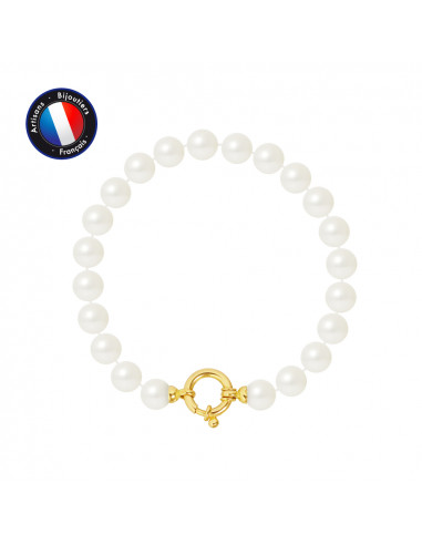PERLINEA- Bracelet - Perles de Culutre Ronde 7-8 mm Blanc- Bijou Femme- OrJaune