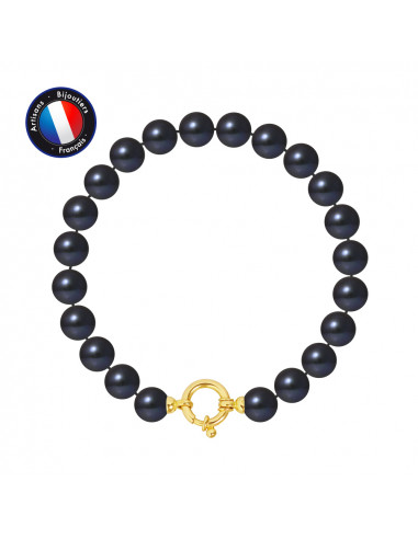 PERLINEA- Bracelet - Perles de Culutre Riz 8-9 mm Black Tahiti- Bijou Femme- OrJaune