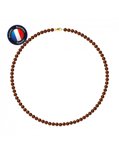 PERLINEA- Collier- Perles de Culture d'Eau Douce Ronde 5-6 mm Chocolat- Bijou Femme- OrJaune