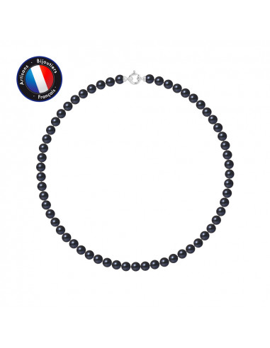 PERLINEA- Collier- Perles de Culture d'Eau Douce Ronde 6-7  mm Black Tahiti- Bijou Femme- Or Blanc