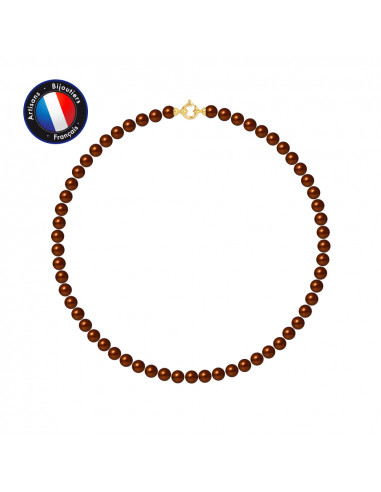 PERLINEA- Collier- Perles de Culture d'Eau Douce Ronde 6-7  mm Chocolat- Bijou Femme- OrJaune