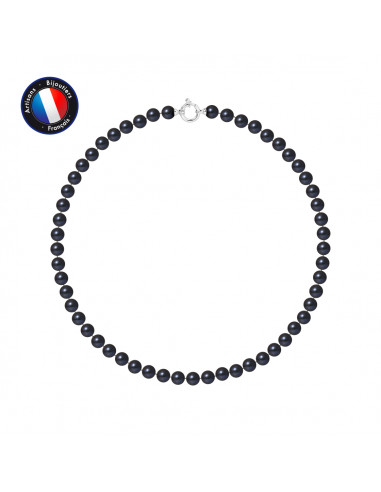 PERLINEA- Collier- Perles de Culture d'Eau Douce Ronde 7-8 mm Black Tahiti- Bijou Femme- Or Blanc