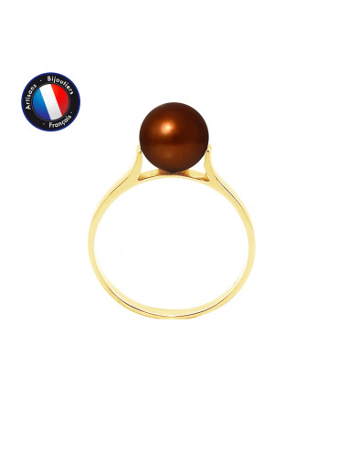 PERLINEA- Bague- Perles de Culture d'Eau Douce- Ronde DiamÃÂÃÂ¨tre 7-8 mm Chocolat- Taille 48 (EU)- Bijou Femme- OrJaune