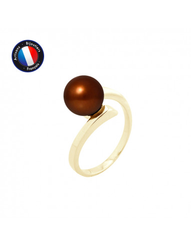 PERLINEA- Bague- Perles de Culture d'Eau Douce- Ronde DiamÃÂÃÂ¨tre 8-9 mm Chocolat- Taille 48 (EU)- Bijou Femme- OrJaune