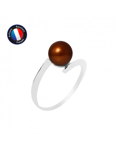PERLINEA- Bague- Perles de Culture d'Eau Douce- Ronde DiamÃÂÃÂ¨tre 7-8 mm Chocolat- Taille 48 (EU)- Bijou Femme- Or Blanc