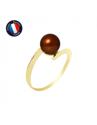 PERLINEA- Bague- Perles de Culture d'Eau Douce- Ronde DiamÃÂÃÂ¨tre 7-8 mm Chocolat- Taille 48 (EU)- Bijou Femme- OrJaune