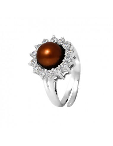 PERLINEA- Bague- Perles de Culture d'Eau douce- Bouton Diamètre 9-10 mm Chocolat- Taille R‚glable- Bijou Femme- Argent 925 Mil
