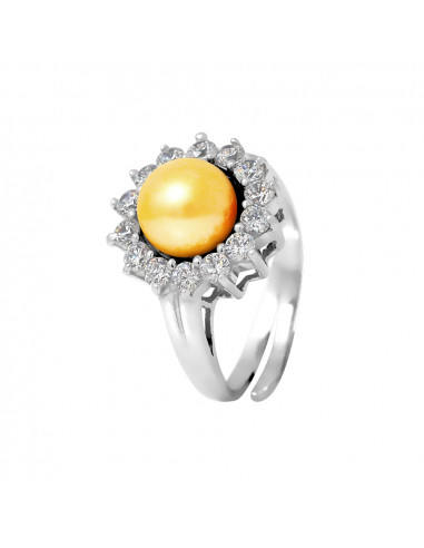 PERLINEA- Bague- Perles de Culture d'Eau douce- Bouton Diamètre 9-10 mm Gold- Taille R‚glable- Bijou Femme- Argent 925 Millièm